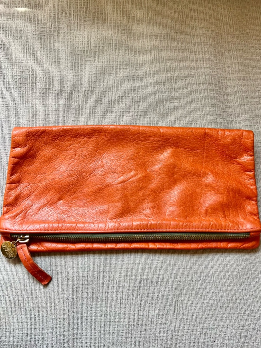 Clare Vivier Orange Soft Leather Foldover Zip Clutch with Gold Hardware